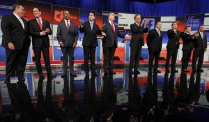 The candidates take a deep breath after 3 hours of Q&A's at the GOP Debate. Photo Source: Aaron Josefczy/Reuters (Newsweek)