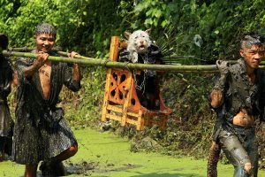 A dog wearing ceremonial robes is carried by villagers of Jianhe, China in celebration of their dog festival. The village celebrates and reveres dogs as it is believed that dogs led their ancestors to water thousands of years ago.