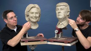 Artists at the legendary Madame Tussad's Wax Museum in London put the finishing touches on sculptures of the two American presidential candidates. Only one, however, will get to be on display after the election.