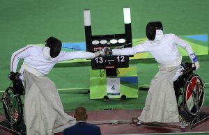 A wheelchair duel during the fencing competitions at the Paralympic Games in Rio.